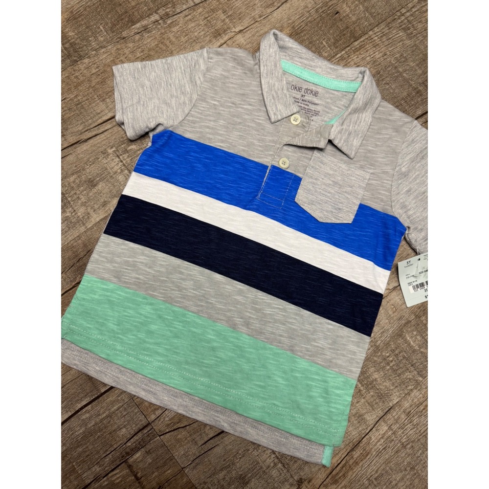 Okie Dokie Toddler Boys 3T Striped Polo Shirt Gray Blue Green NWT